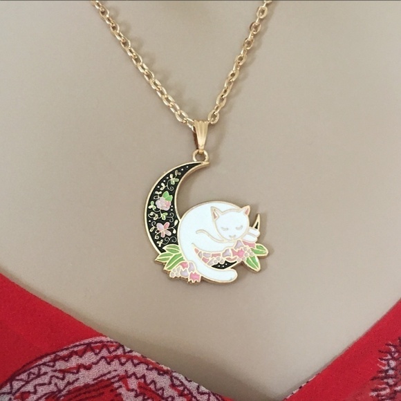 HAND-CRAFTED Jewelry Necklace Lg Pendant Kitty on black floral moon Gold plate - Picture 4 of 8